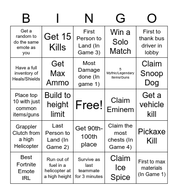 Fortnite Bingo Card