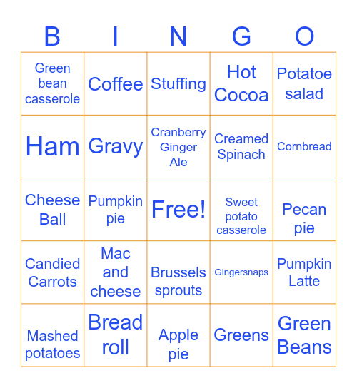 Thanksgiving foods Bingo Card