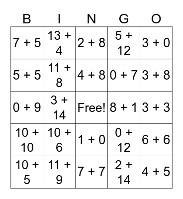 Addition Fluency 1-20 Bingo Card