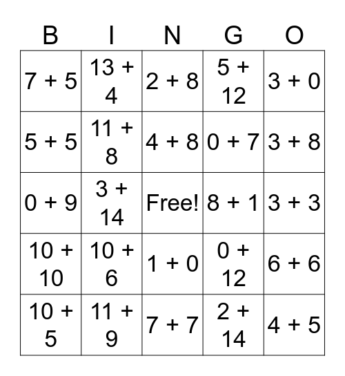 Addition Fluency 1-20 Bingo Card