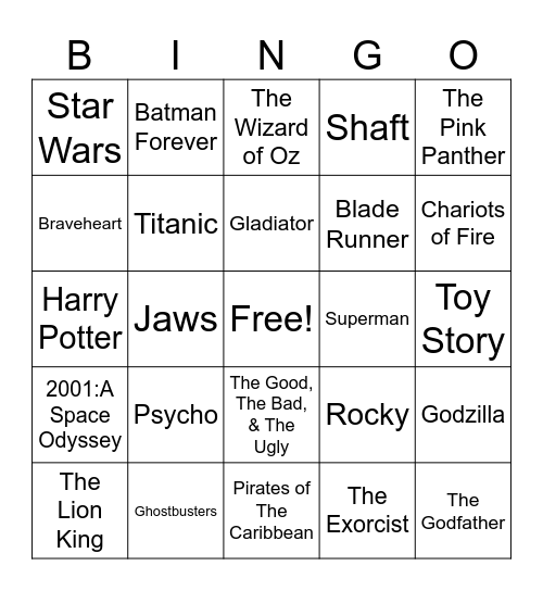 Radio Bingo Movie Themes Bingo Card