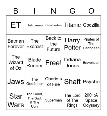 Radio Bingo Movie Themes Bingo Card