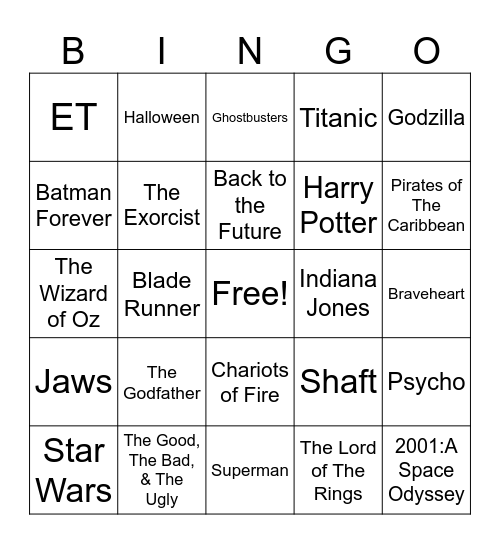 Radio Bingo Movie Themes Bingo Card