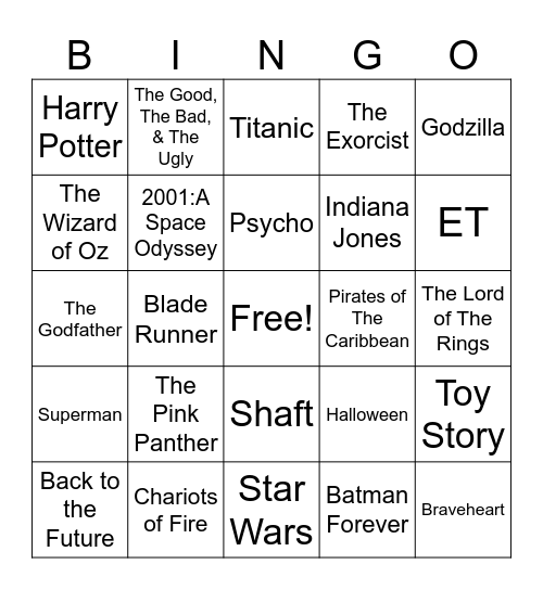 Radio Bingo Movie Themes Bingo Card
