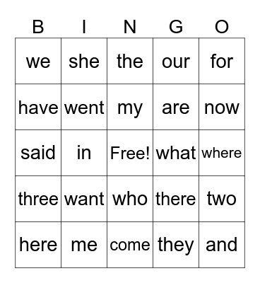 Sight Words (Zingo) Bingo Card