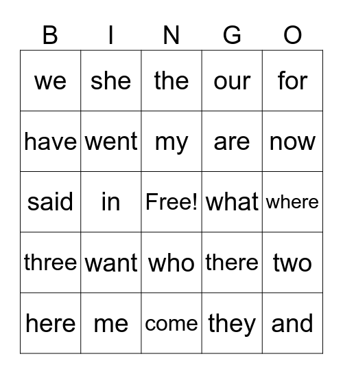Sight Words (Zingo) Bingo Card