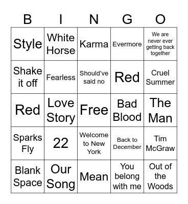 Eras Tour Bingo Card