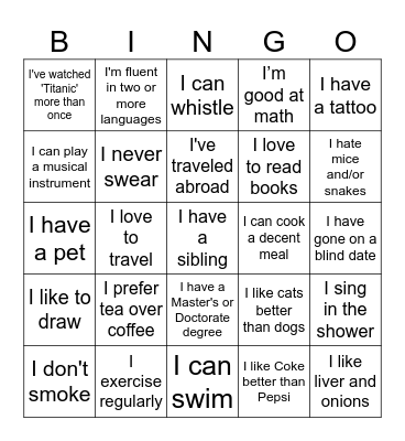 Get To Know You BINGO Card