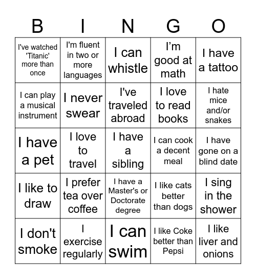 Get To Know You BINGO Card