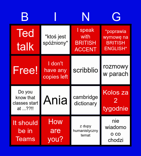 ENGLISH Bingo Card