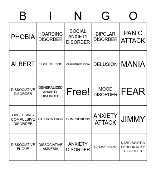 Psychological Disorder Bingo Card