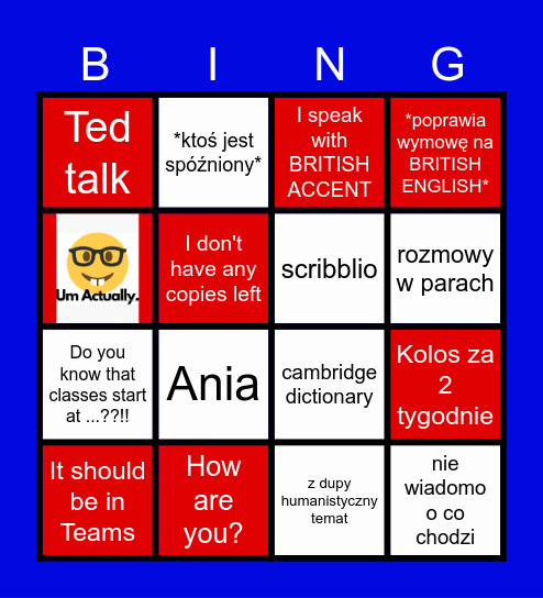 ENGLISH Bingo Card