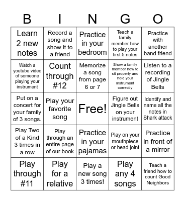 Beginning Band Thanksgiving Break Bingo Card