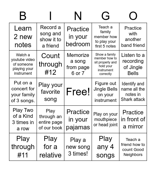 Beginning Band Thanksgiving Break Bingo Card