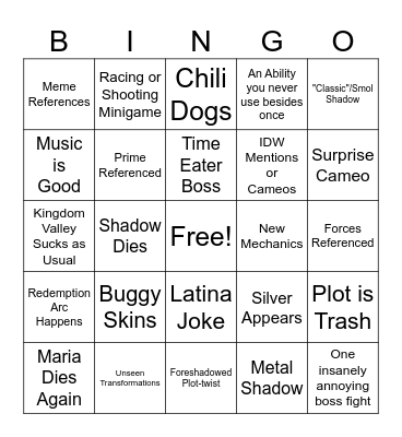 Sonic X Shadow Generations Bingo Card