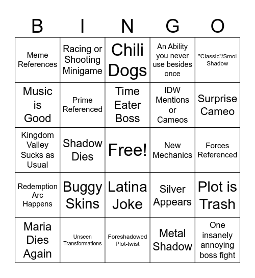 Sonic X Shadow Generations Bingo Card