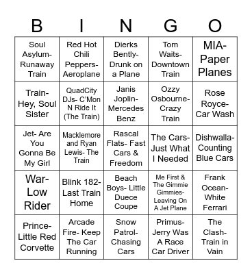 Radio Bingo Trains, Planes, and Automobiles Bingo Card