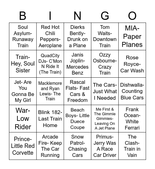 Radio Bingo Trains, Planes, and Automobiles Bingo Card