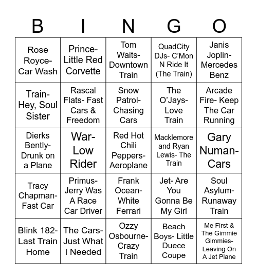 Radio Bingo Trains, Planes, and Automobiles Bingo Card