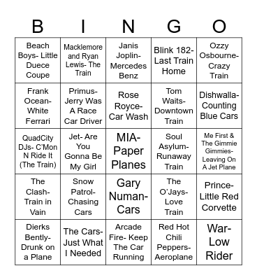 Radio Bingo Trains, Planes, and Automobiles Bingo Card