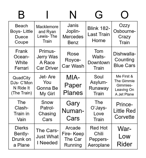 Radio Bingo Trains, Planes, and Automobiles Bingo Card