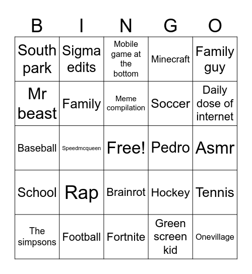 YouTube shorts Bingo Card