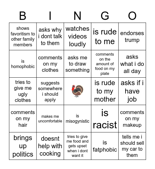 Family Holiday Bingo Card