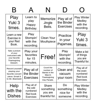 Thanksgiving BAND-O! Bingo Card