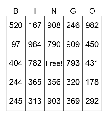 Place Value Bingo Card