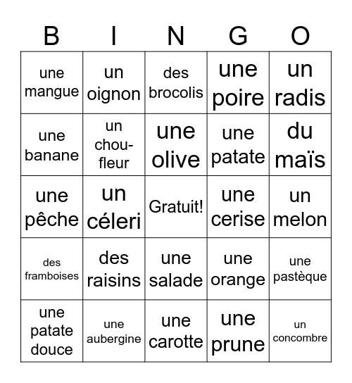 Les fruits et les légumes Bingo Card