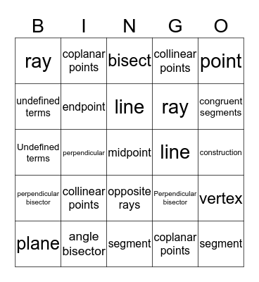 Geometry- Undefined, Defined, Constructions Bingo Card