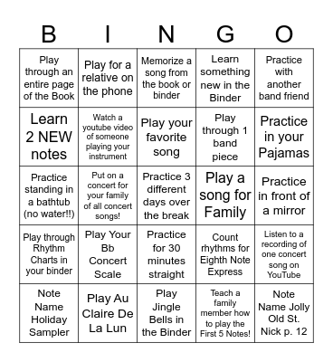Thanksgiving Break Band Bingo Card