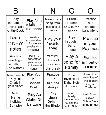 Thanksgiving Break Band Bingo Card