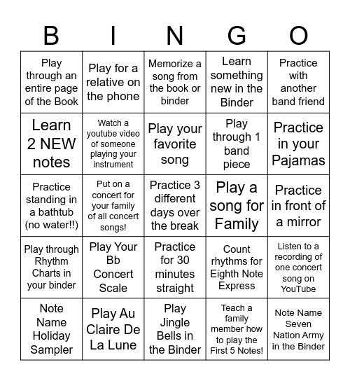 Thanksgiving Break Band Bingo Card