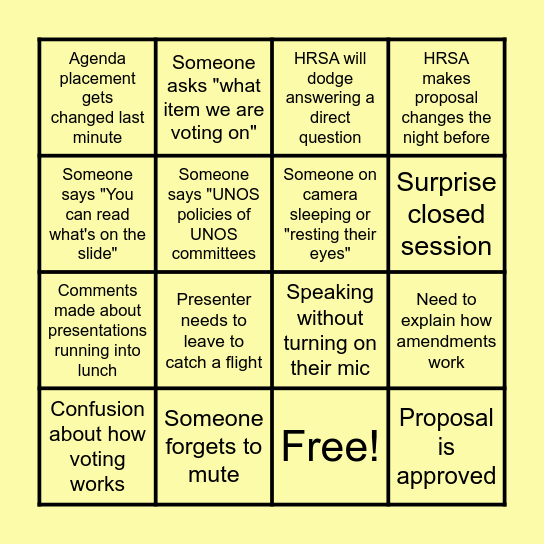 Board Meeting Bingo Card