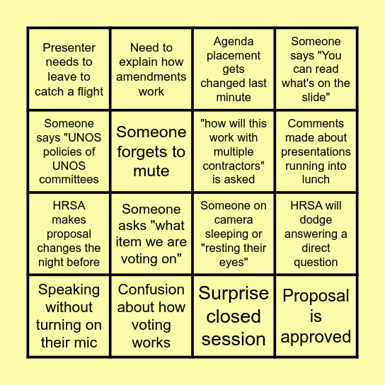 Board Meeting Bingo Card