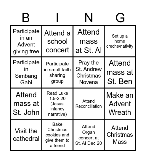 Parish Family 14 Advent Bingo Card