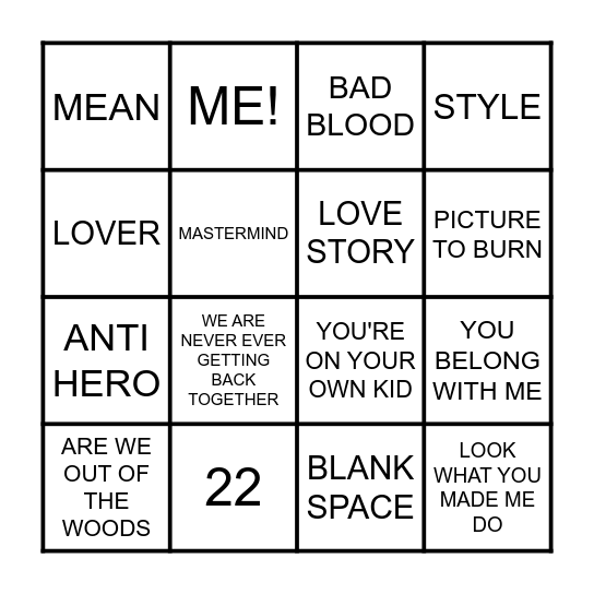 SWIFT-O Bingo Card