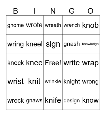 silent letters - kn, wr, gn Bingo Card
