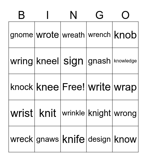 silent letters - kn, wr, gn Bingo Card