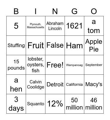 Thanksgiving Trivia Bingo Card