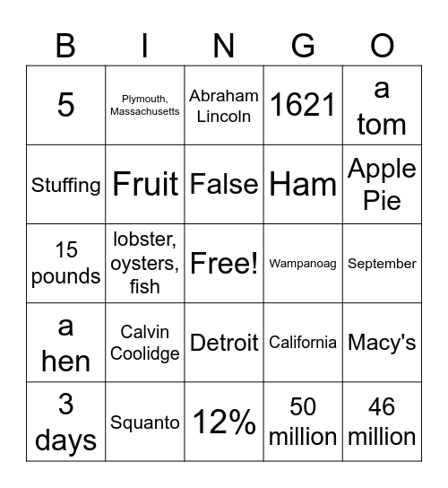 Thanksgiving Trivia Bingo Card