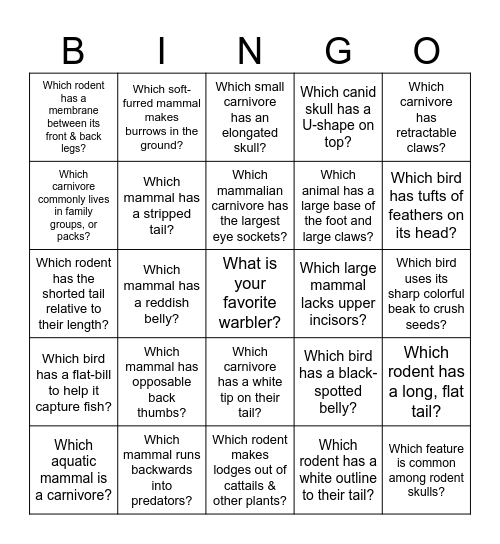 Wildlife Features Bingo Card