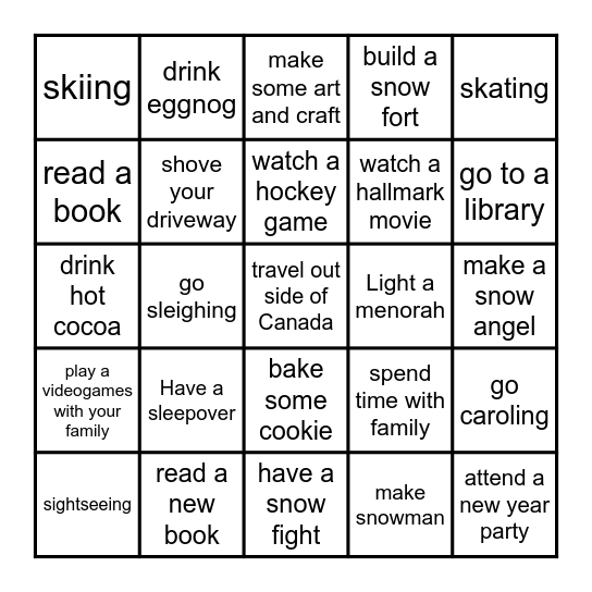 Winter break bingo Card