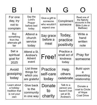 St. Andrew's Advent Bingo Card