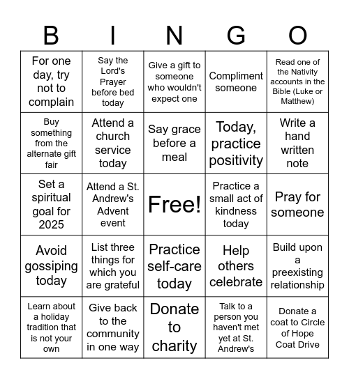 St. Andrew's Advent Bingo Card