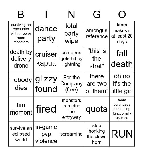 Lethal Company Bingo Card