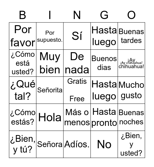 Spanish Greetings and Goodbyes Bingo Card