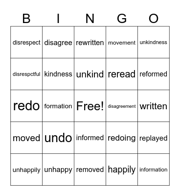 Morpheme Bingo Card