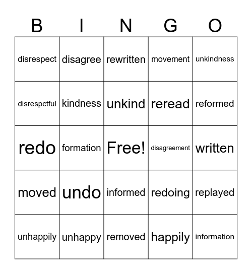 Morpheme Bingo Card